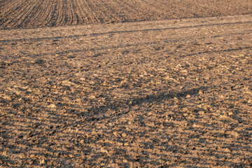 Plowed field showing different soil preparation techniques for farming