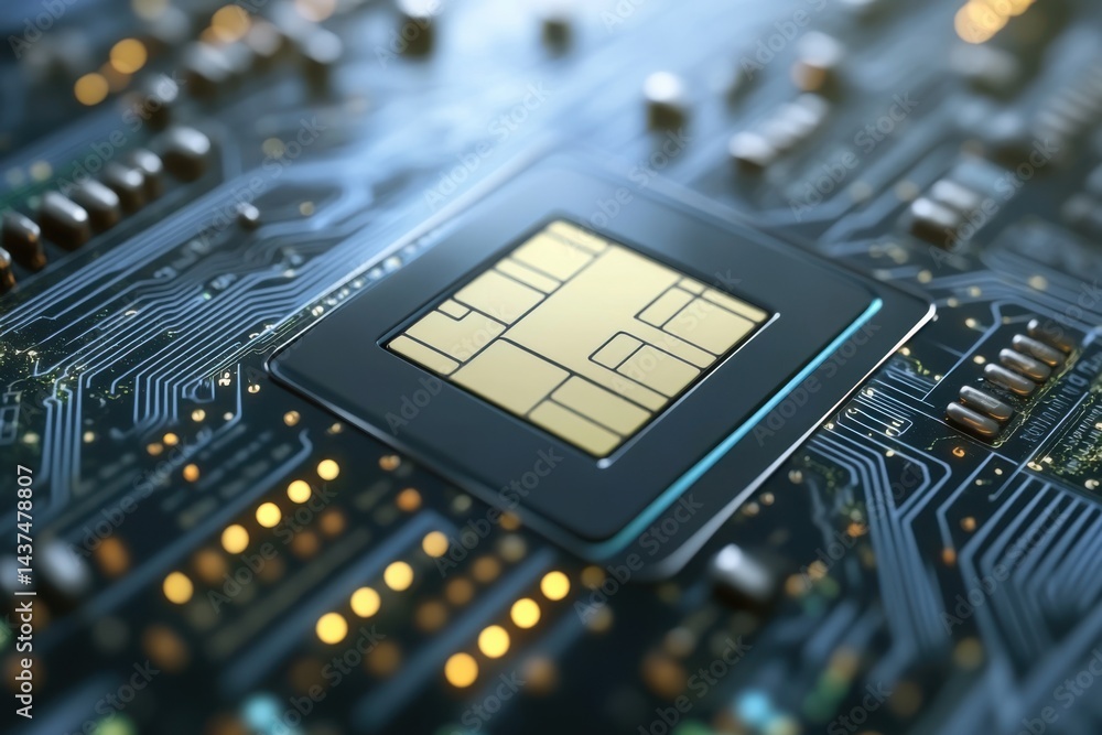 Poster a close up view of a gold chip on a circuit board with intricate wiring and connections visible