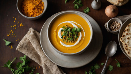 Golden Winter Soup with Turmeric A bright golden soup made with turmeric, lentils, and roasted squash is served in a white ceramic bowl. Swirls of coconut cream 