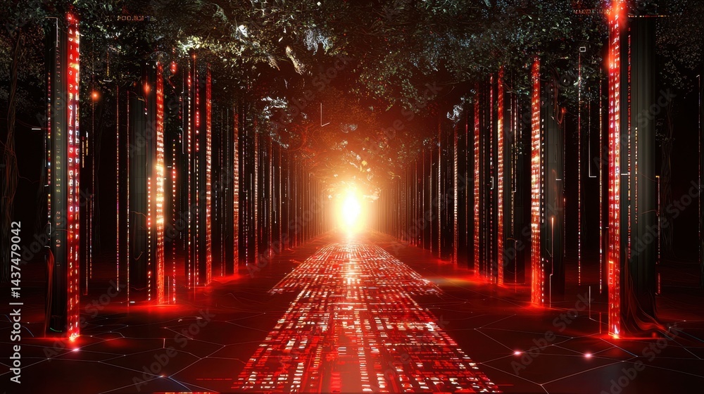 Poster futuristic red matrix background with glowing code lines and digital distortion