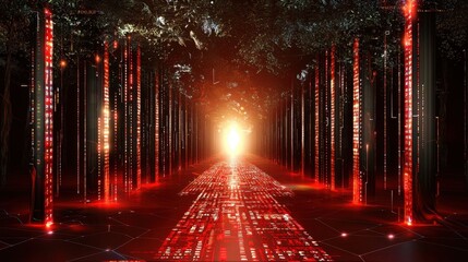 Futuristic red matrix background with glowing code lines and digital distortion