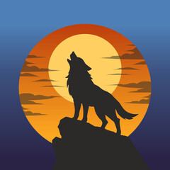 A majestic wolf howling against a vibrant sunset background