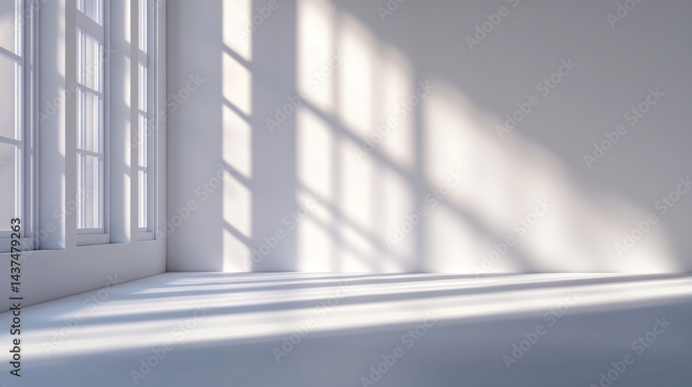 Poster empty room with large window, sunlight casting shadows