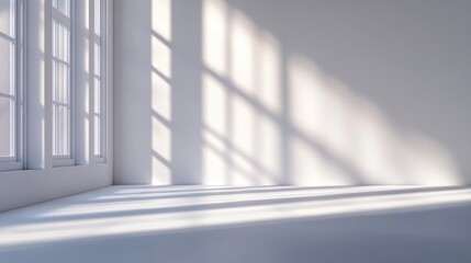 Fototapeta premium Empty room with large window, sunlight casting shadows