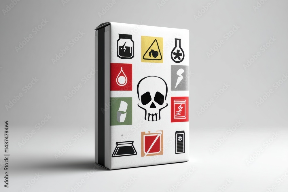 Poster skull-shaped cigarette pack featuring broken health symbols highlighting the dangers of smoking in a
