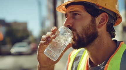 Construction worker breaks thirst outdoors