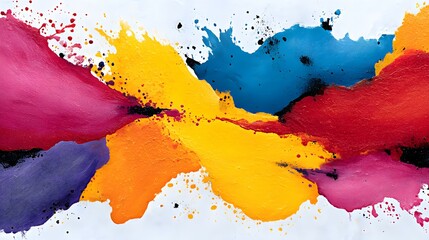 Colorful paint splashes collide on a white background creating an abstract design.