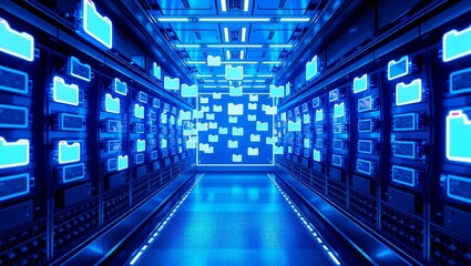 Obraz premium Futuristic data center with illuminated blue digital file icons, creating a high-tech atmosphere.