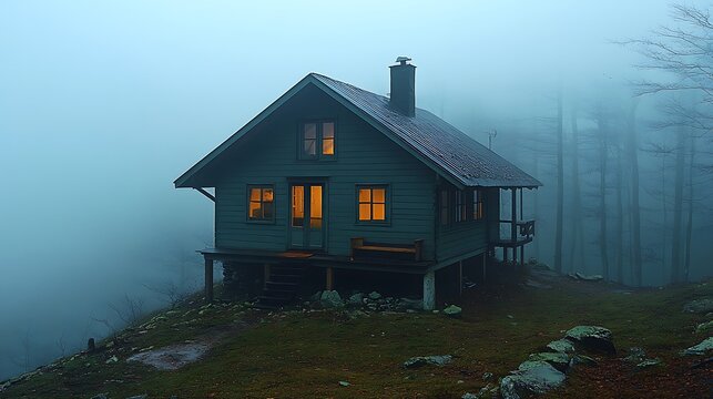 Fog-shrouded cabin glows warmly in misty forest