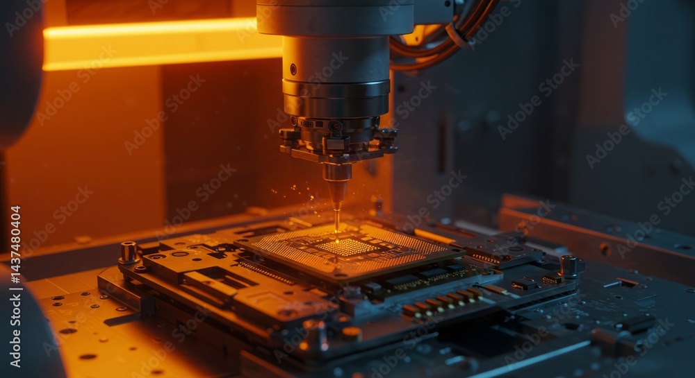 Poster high precision industrial machine processing computer chip with sparks flying close up view