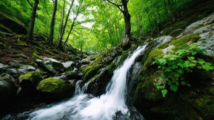 Obraz premium Lush green forest waterfall cascading over moss-covered rocks (1)
