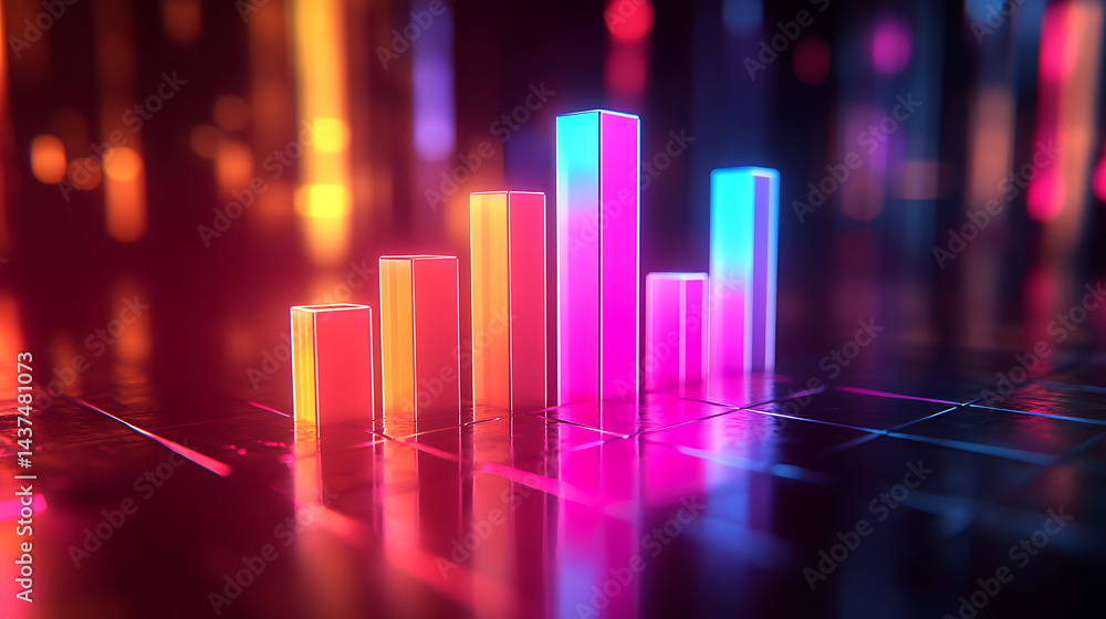 Poster neon gradient bar chart reflecting on dark surface with bokeh background depicting business growth a