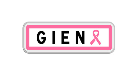 Panneau de sortie de Gien, Loiret, Centre-Val de Loire avec Ruban Octobre Rose