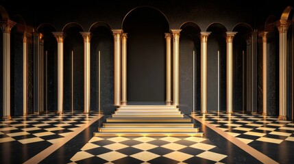 Golden glow on black event stage with a prominent central podium