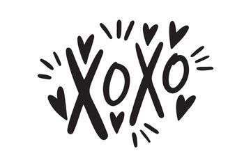 Obraz premium Xoxo sign kiss and hearts handwritten doodle lettering phrase or quote. message saying text. Hand drawn print clipart.