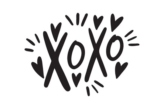 Xoxo sign kiss and hearts handwritten doodle lettering phrase or quote. message saying text. Hand drawn print clipart.