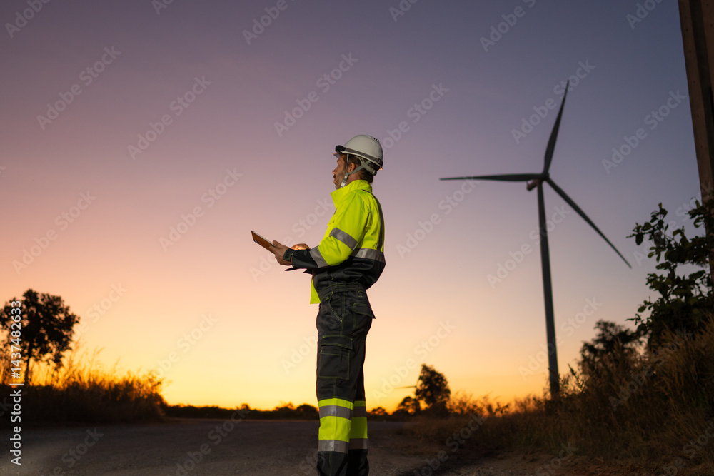 Poster engineer man working with tablet at windmill farm generating electricity clean energy. wind turbine 