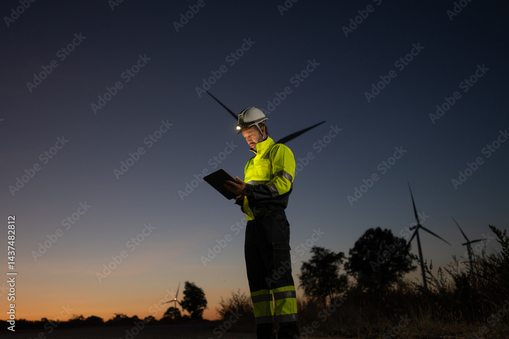 Poster engineer man working with tablet at windmill farm generating electricity clean energy. wind turbine 