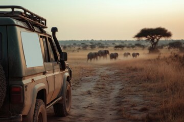 Safari vehicle observing elephants walking in the savannah at sunset with blank sign