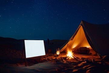 Illuminated tent and blank sign under starry desert sky at night