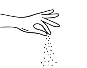 Hand sprinkle icon doodle hand drawn. Sprinkling hand gesture. Adding salt or pepper, spice to food. Outline line drawing clipart symbol