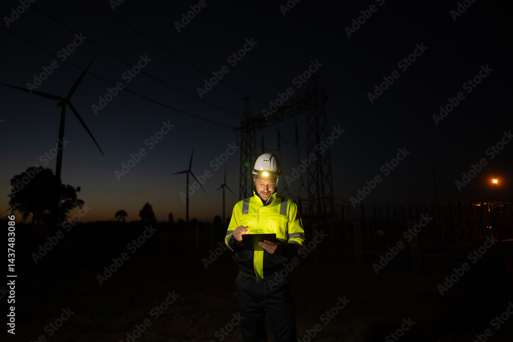 Poster engineer man working with tablet at windmill farm generating electricity clean energy. wind turbine 
