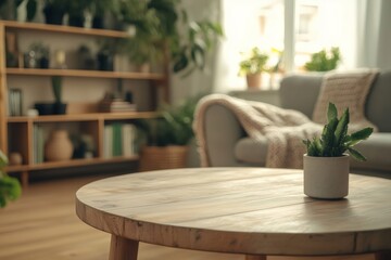 Empty round wooden coffee table showing cozy living room with plants