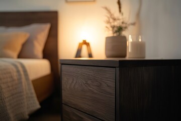 Modern dark wooden bedside table with candle and plant in cozy bedroom