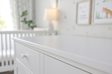 Empty nursery dresser top ready for baby products in a cozy room