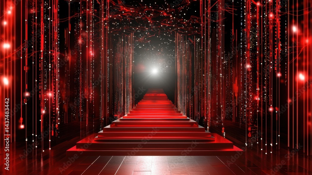 Poster high-tech matrix backdrop in red tones, flowing digital code, cyberpunk mood