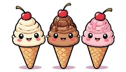 Adorable Kawaii Ice Cream Cones: Vanilla, Chocolate, and Strawberry Delights