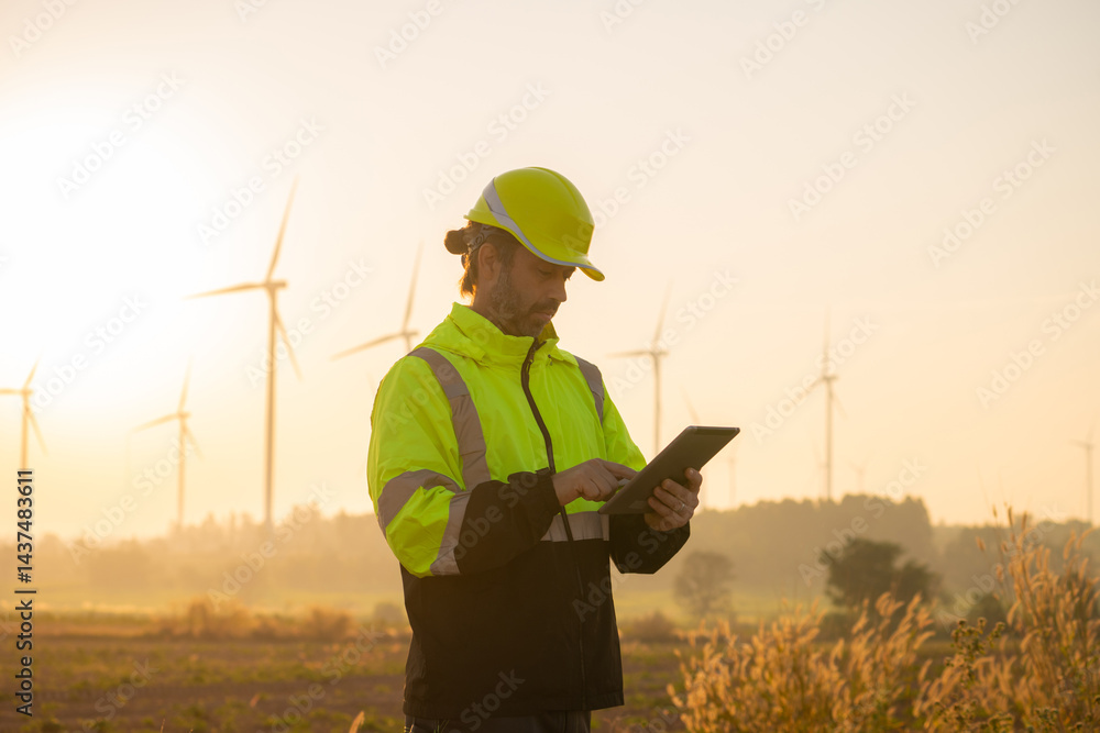 Poster engineer man working with tablet at windmill farm generating electricity clean energy. wind turbine 