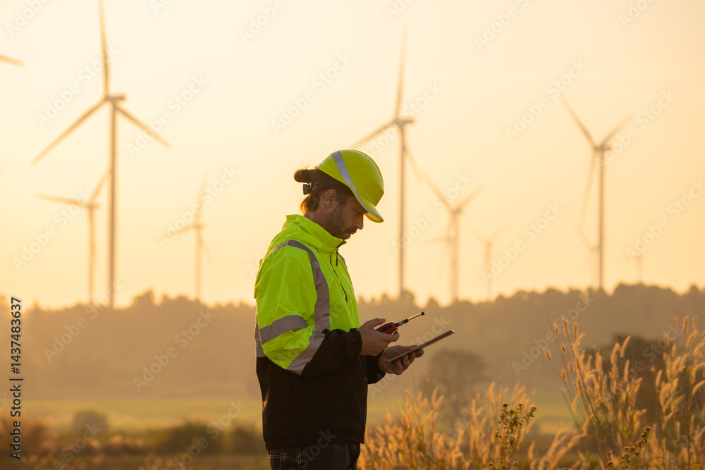 Aufkleber Engineer man working with tablet at windmill farm Generating electricity clean energy. Wind turbine farm generator by alternative green energy.