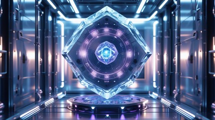 A futuristic quantum computing system in a research laboratory with glowing energy core. Detailed image of scientific tech innovation with cyber matrix.