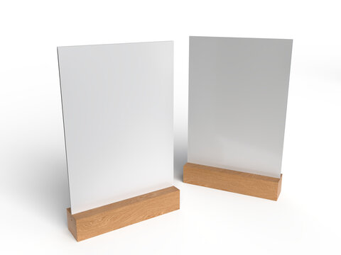 3D Realistic table stand, table tent mockup with wooden base and white paper acrylic. Blank card holder display information for menu label, restaurant, cafe, banner, picture stand, sign holder, ads