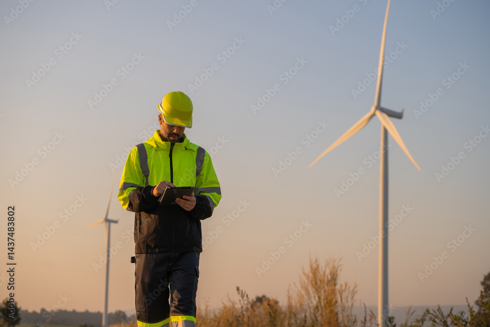 Poster Engineer man working with tablet at windmill farm Generating electricity clean energy. Wind turbine farm generator by alternative green energy.