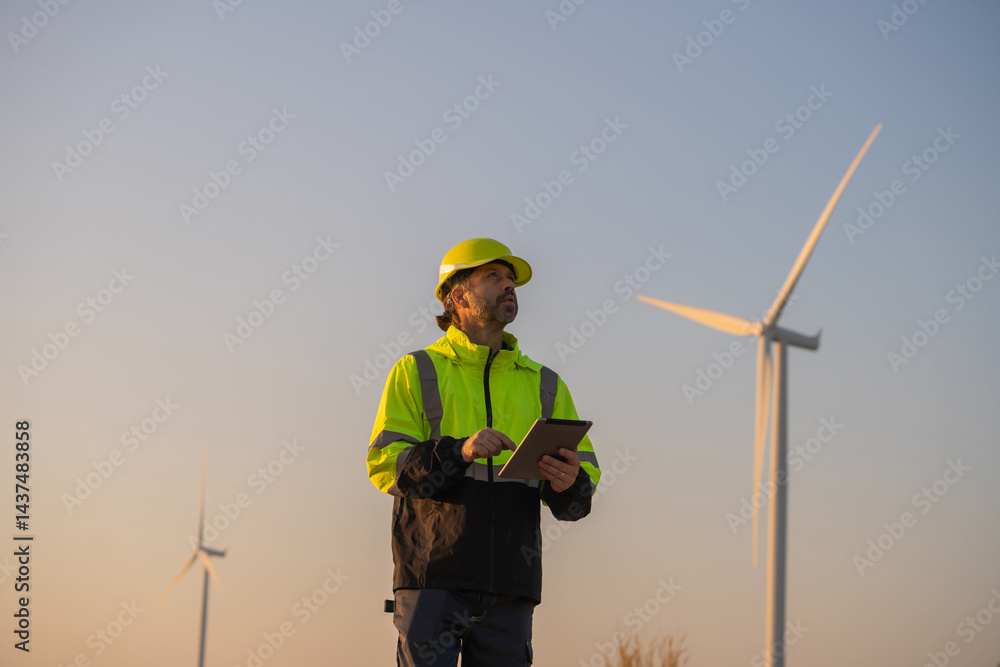 Poster Engineer man working with tablet at windmill farm Generating electricity clean energy. Wind turbine farm generator by alternative green energy.