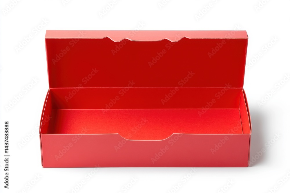 Poster open red box with lid revealing empty interior on a white background in studio lighting view front