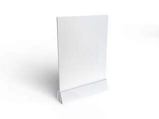 3D Realistic table stand, table tent mockup with plastic base and white paper acrylic. Blank card holder display information for menu label, restaurant, cafe, banner, picture stand, sign holder, ads