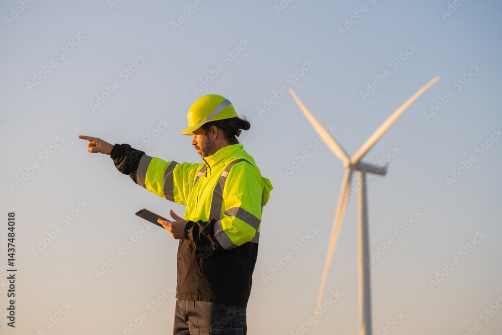 Poster engineer man working with tablet at windmill farm generating electricity clean energy. wind turbine 