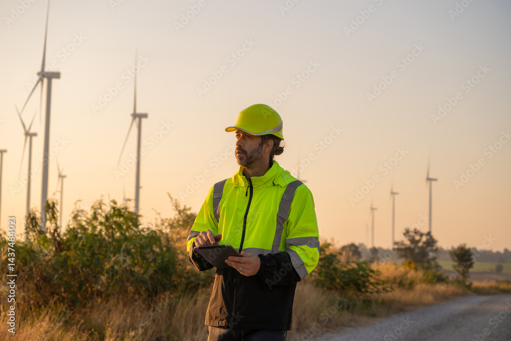 Poster engineer man working with tablet at windmill farm generating electricity clean energy. wind turbine 