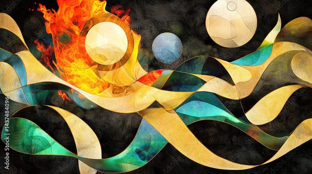 Poster intense fire flame texture with swirling patterns on dark background