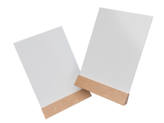 3D Realistic table stand, table tent mockup with wooden base and white paper acrylic. Blank card holder display information for menu label, restaurant, cafe, banner, picture stand, sign holder, ads