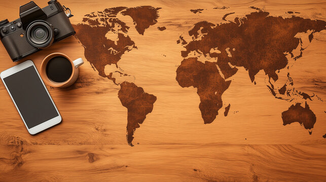 Travel design of world map, smartphone and camera on wooden table for background, free space for text