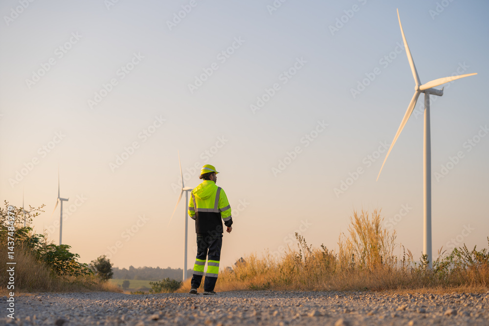 Poster Engineer man working with tablet at windmill farm Generating electricity clean energy. Wind turbine farm generator by alternative green energy.