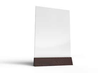 3D Realistic table stand, table tent mockup with wooden base and white paper acrylic. Blank card holder display information for menu label, restaurant, cafe, banner, picture stand, sign holder, ads