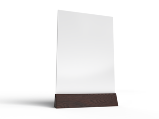 3D Realistic table stand, table tent mockup with wooden base and white paper acrylic. Blank card holder display information for menu label, restaurant, cafe, banner, picture stand, sign holder, ads