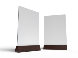 3D Realistic table stand, table tent mockup with wooden base and white paper acrylic. Blank card...