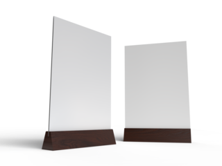 3D Realistic table stand, table tent mockup with wooden base and white paper acrylic. Blank card holder display information for menu label, restaurant, cafe, banner, picture stand, sign holder, ads