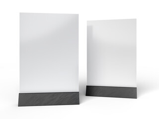 3D Realistic table stand, table tent mockup with metal base and white paper acrylic. Blank card holder display information for menu label, restaurant, cafe, banner, picture stand, sign holder, ads